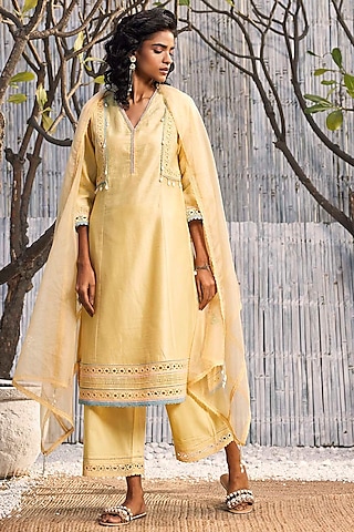 Sunshine Yellow Chanderi Embroidered A-line Kurta Set by Charkhee