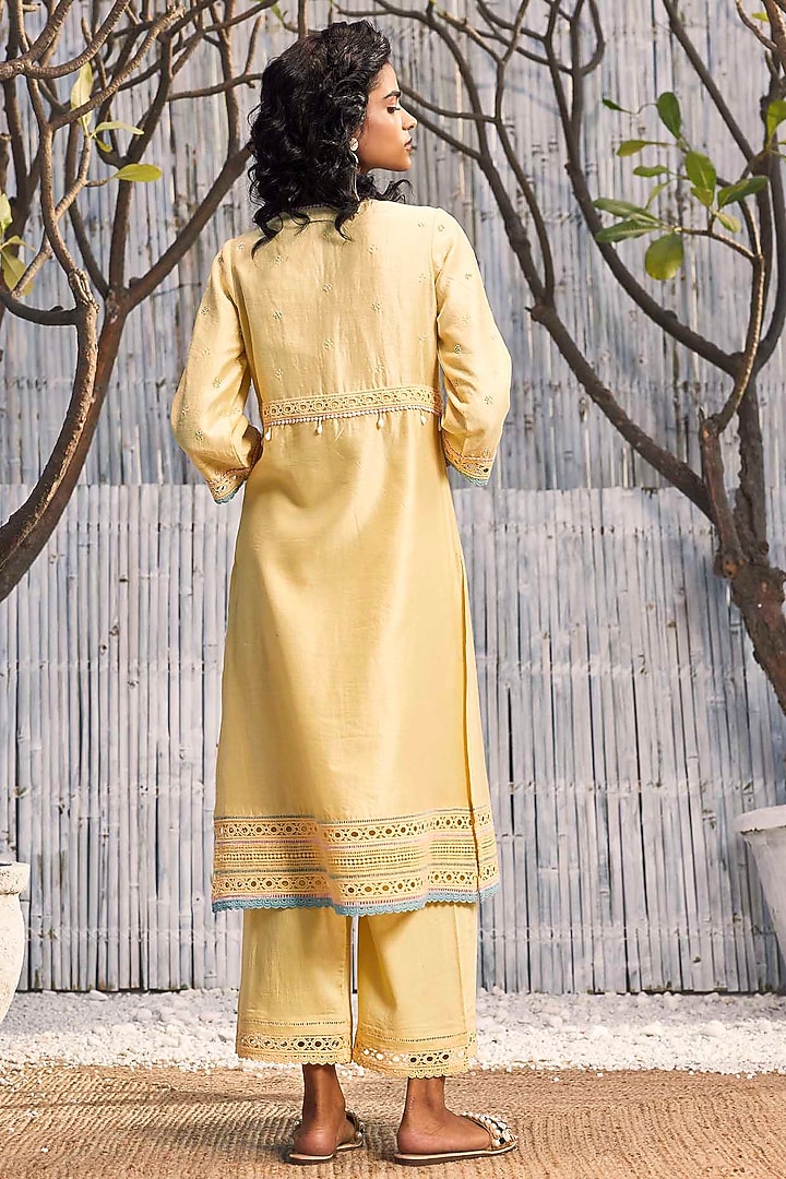 Sunshine Yellow Chanderi Embroidered A-line Kurta Set by Charkhee at Pernia's Pop Up Shop