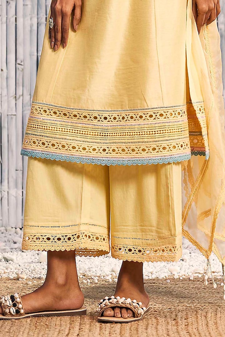 Sunshine Yellow Chanderi Embroidered A-line Kurta Set by Charkhee at Pernia's Pop Up Shop