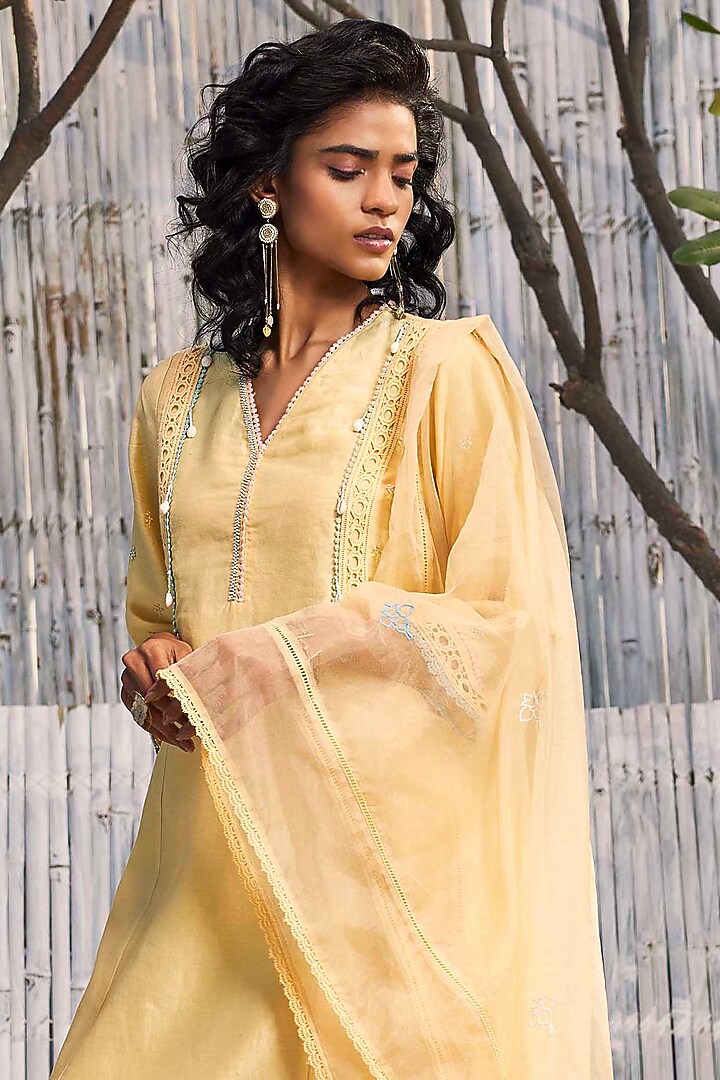 Sunshine Yellow Chanderi Embroidered A-line Kurta Set by Charkhee at Pernia's Pop Up Shop