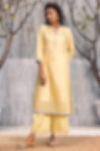 Sunshine Yellow Chanderi Embroidered A-line Kurta Set by Charkhee at Pernia's Pop Up Shop