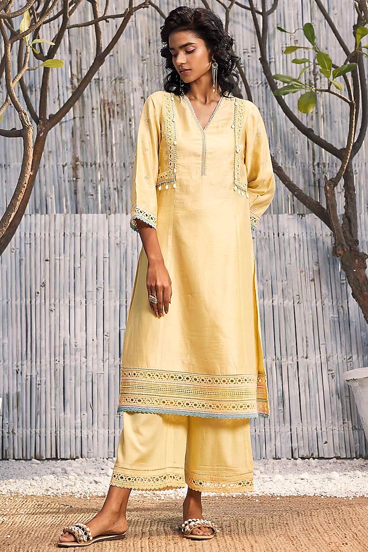 Sunshine Yellow Chanderi Embroidered A-line Kurta Set by Charkhee at Pernia's Pop Up Shop