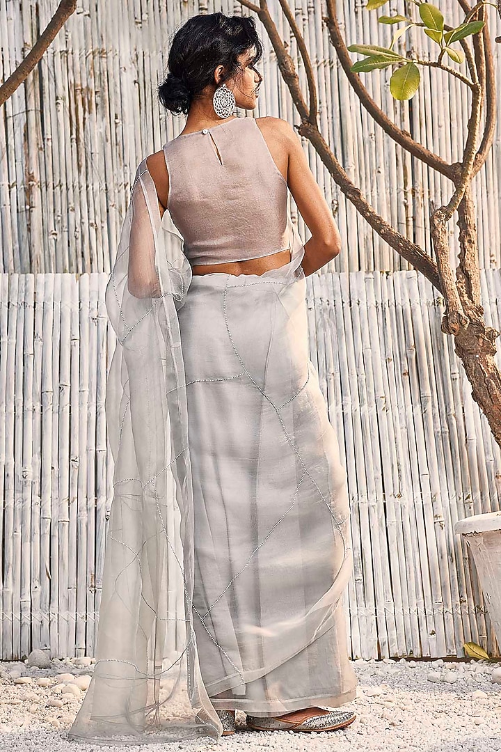 Steel Grey Organza Party Wear Saree Set by Charkhee at Pernia's Pop Up Shop