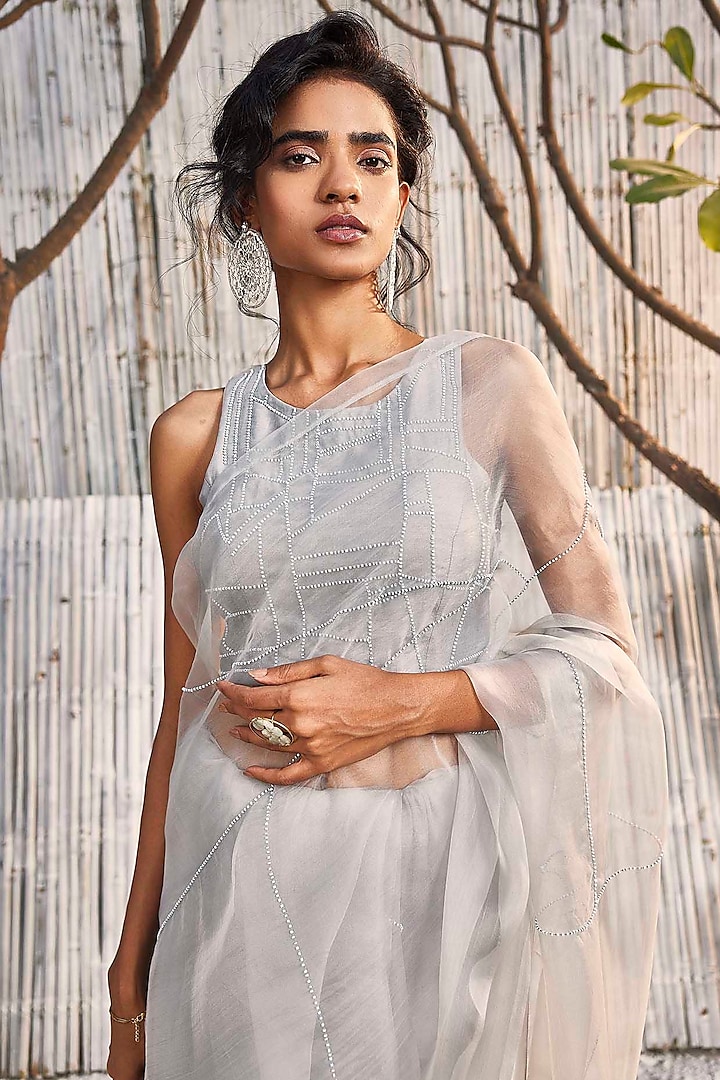 Steel Grey Organza Party Wear Saree Set by Charkhee at Pernia's Pop Up Shop
