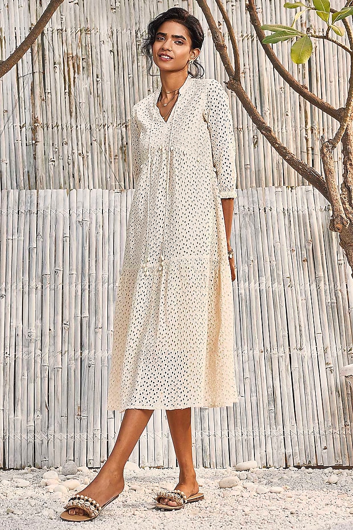 Ivory Schiffli Midi Dress by Charkhee