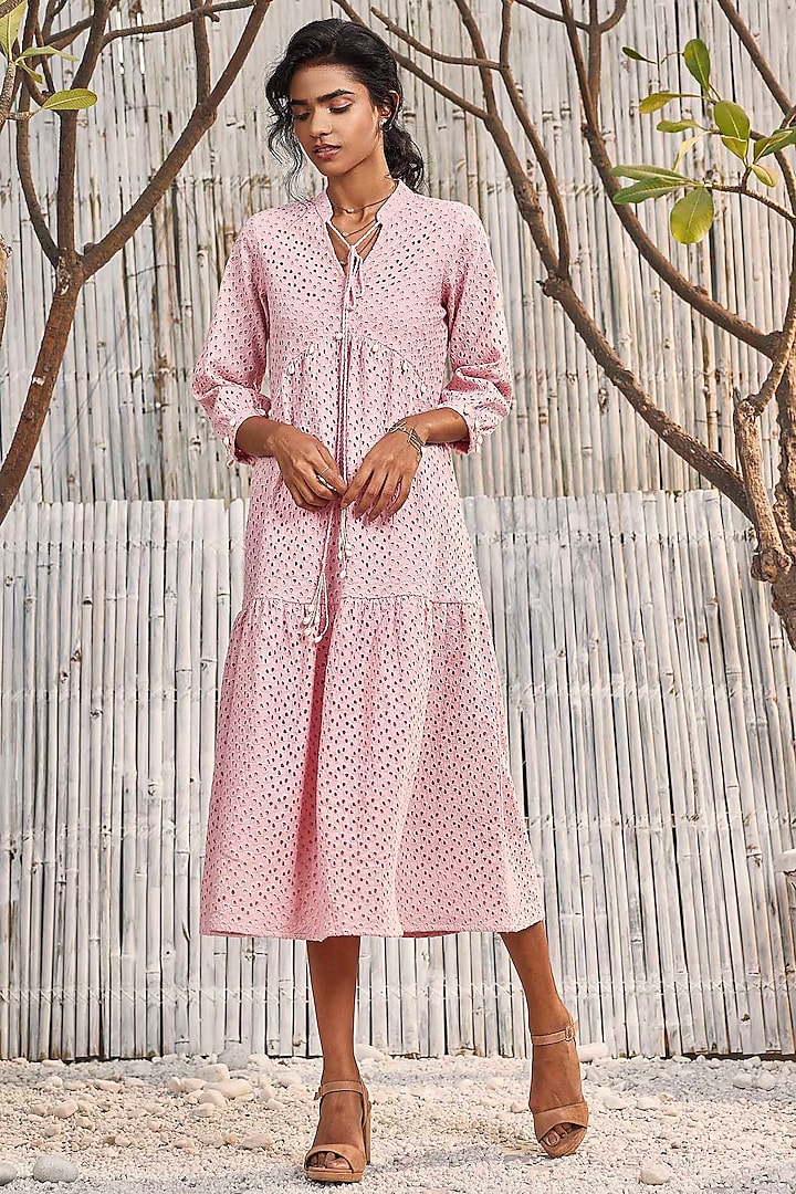 Blush Pink Schiffli Midi Dress by Charkhee