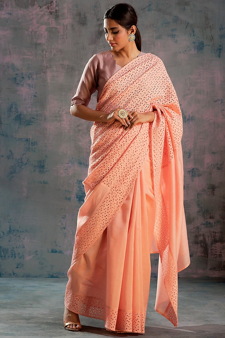 Peach Swarovski Embellished Saree Set by Charkhee
