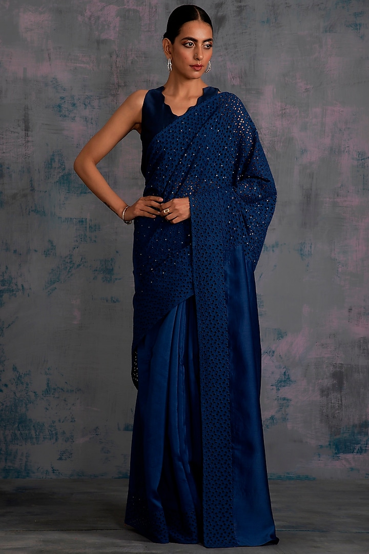 Midnight Blue Embellished Saree Set by Charkhee