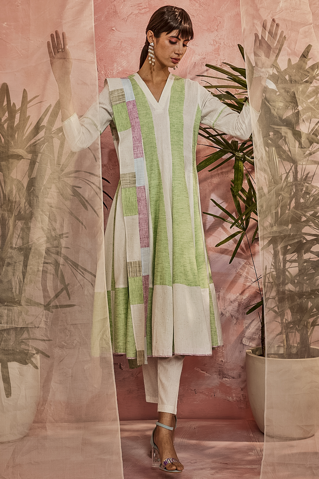 Green & White Flared Anarkali Set by Charkhee at Pernia's Pop Up Shop