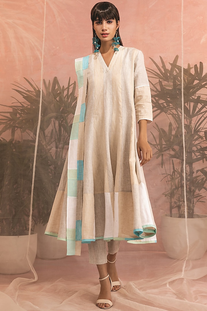 White & Beige Linen Flared Anarkali Set by Charkhee