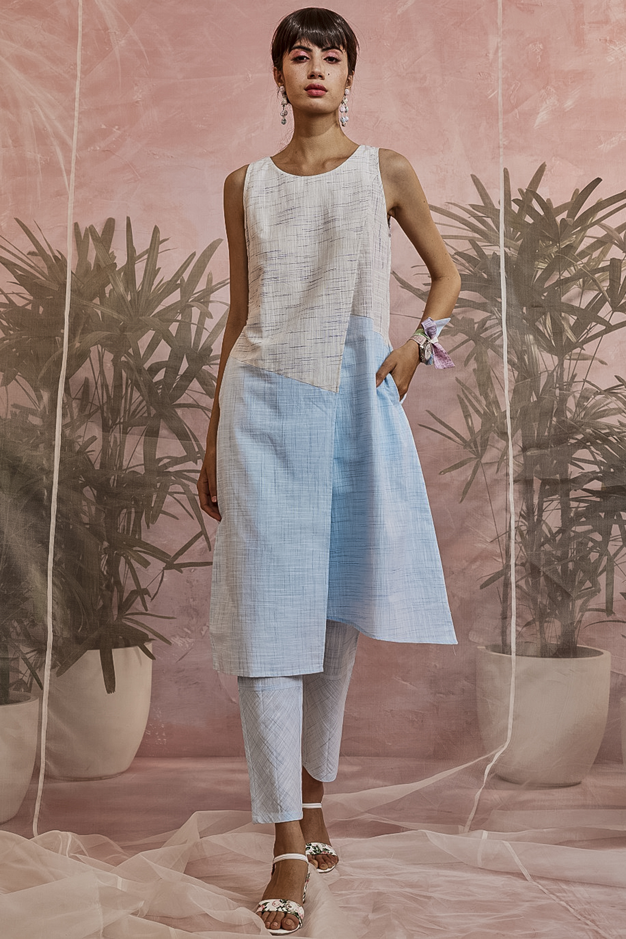 White & Blue Overlapped Kurta Set by Charkhee