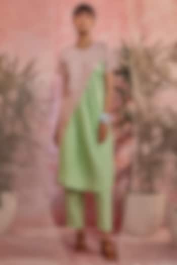 Raspberry & Green Front Diagonal Kurta Set by Charkhee at Pernia's Pop Up Shop