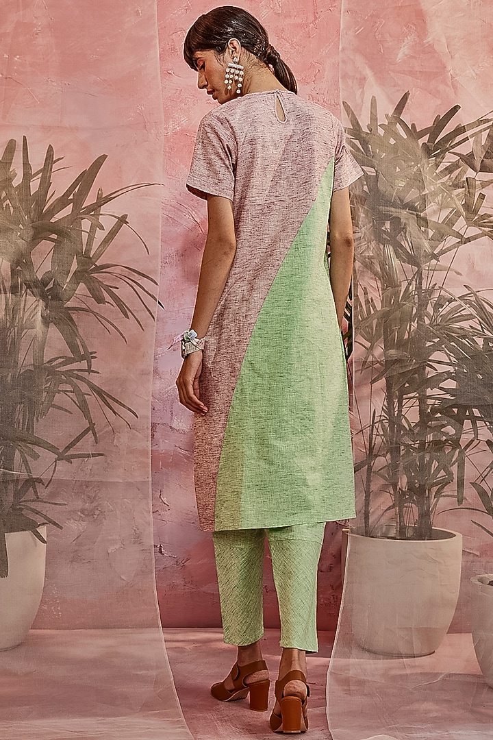 Raspberry & Green Front Diagonal Kurta Set by Charkhee at Pernia's Pop Up Shop