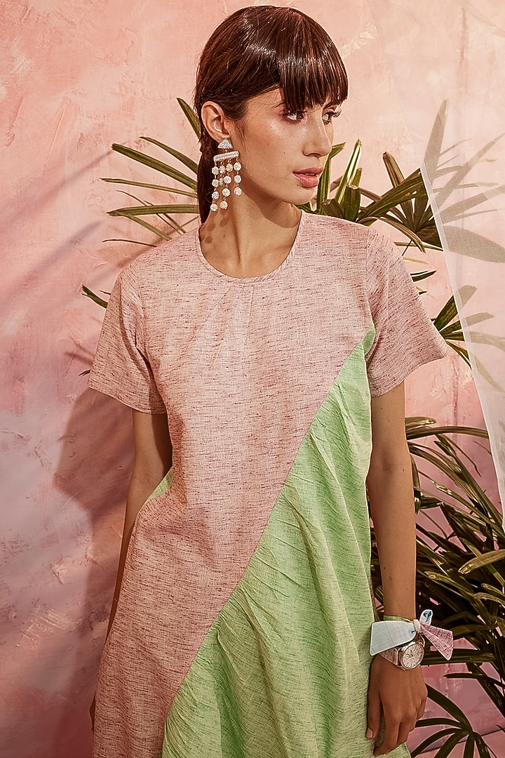 Raspberry & Green Front Diagonal Kurta Set by Charkhee at Pernia's Pop Up Shop