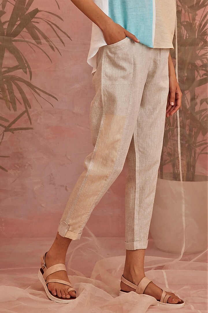 Beige Linen Paneled Pants by Charkhee at Pernia's Pop Up Shop
