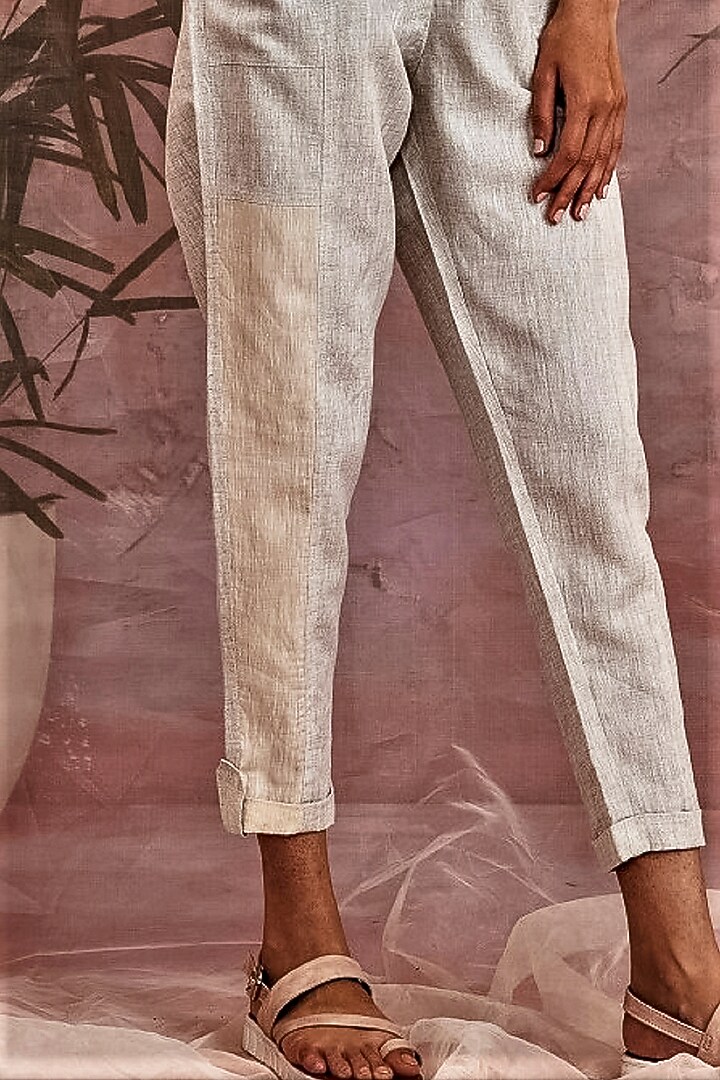 Beige Linen Paneled Pants by Charkhee at Pernia's Pop Up Shop