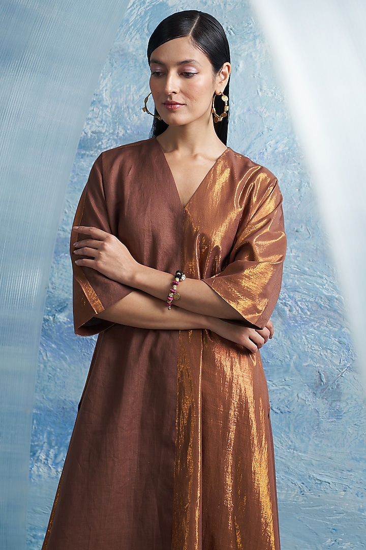Wood Brown Linen & Cotton Shimmer Kurta Set by Charkhee at Pernia's Pop Up Shop