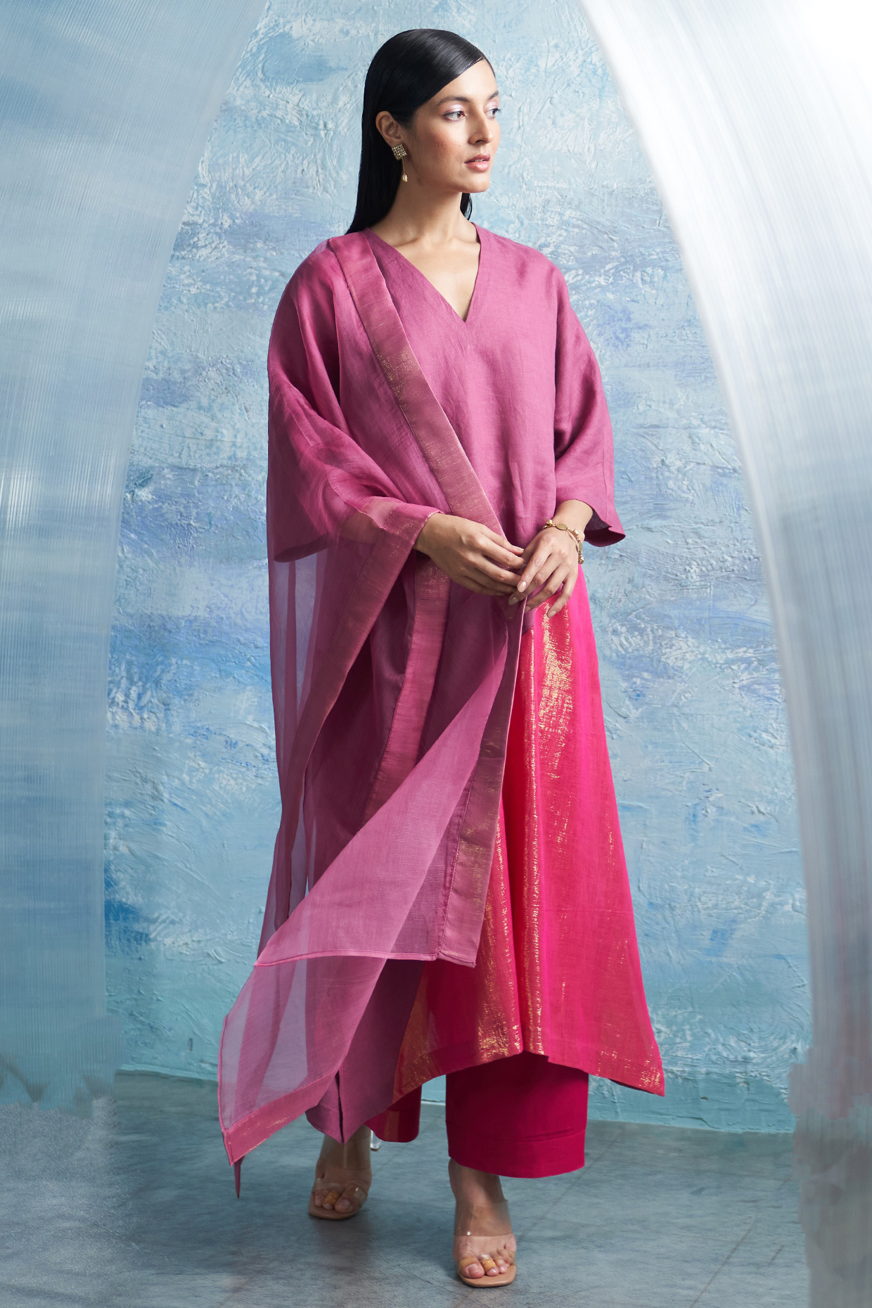Grape Pink Linen & Cotton Shimmer Kurta Set by Charkhee at Pernia's Pop Up Shop