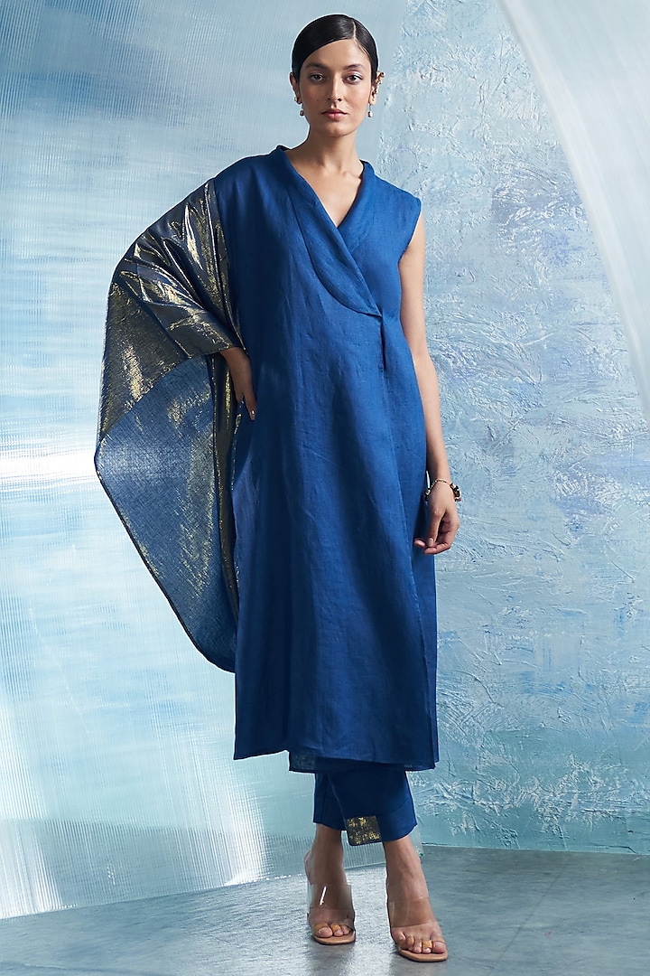 Royal Blue Linen & Cotton Shimmer Wrap Kurta Set by Charkhee