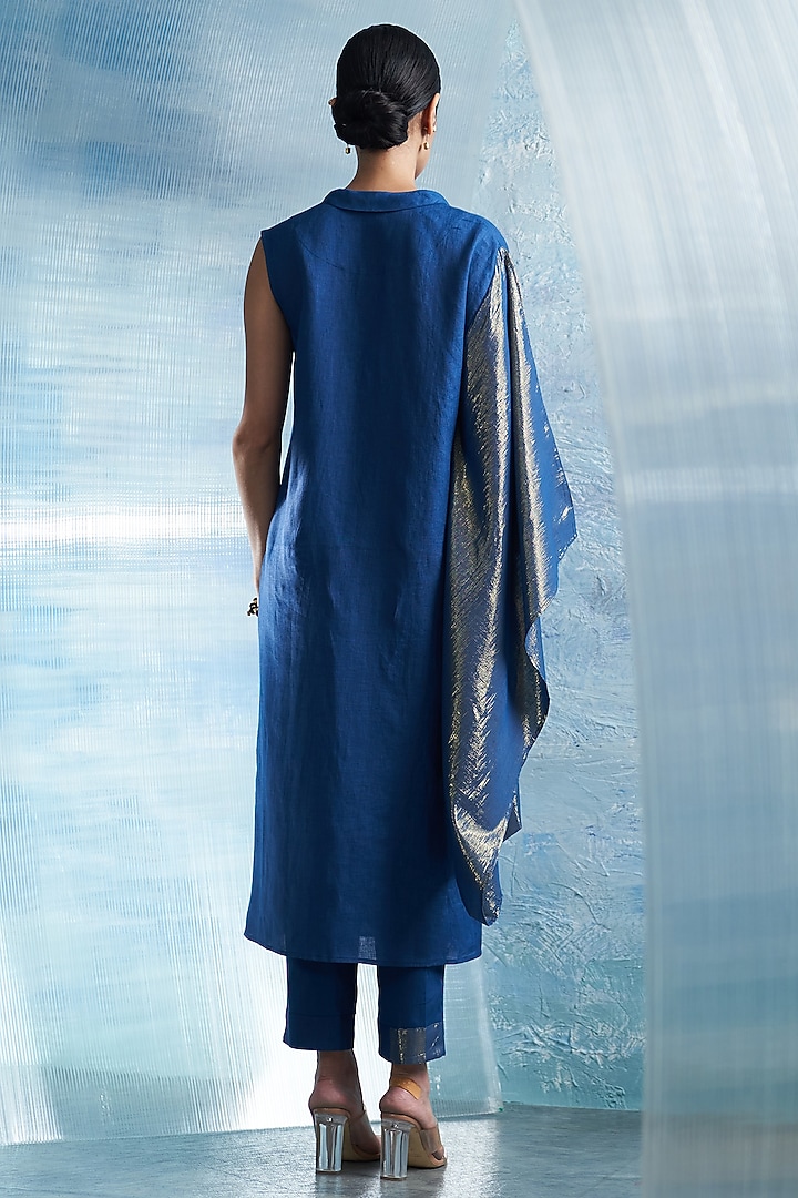 Royal Blue Linen & Cotton Shimmer Wrap Kurta Set by Charkhee at Pernia's Pop Up Shop