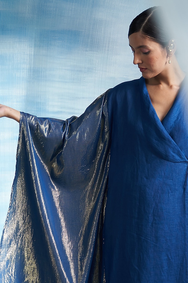 Royal Blue Linen & Cotton Shimmer Wrap Kurta Set by Charkhee at Pernia's Pop Up Shop