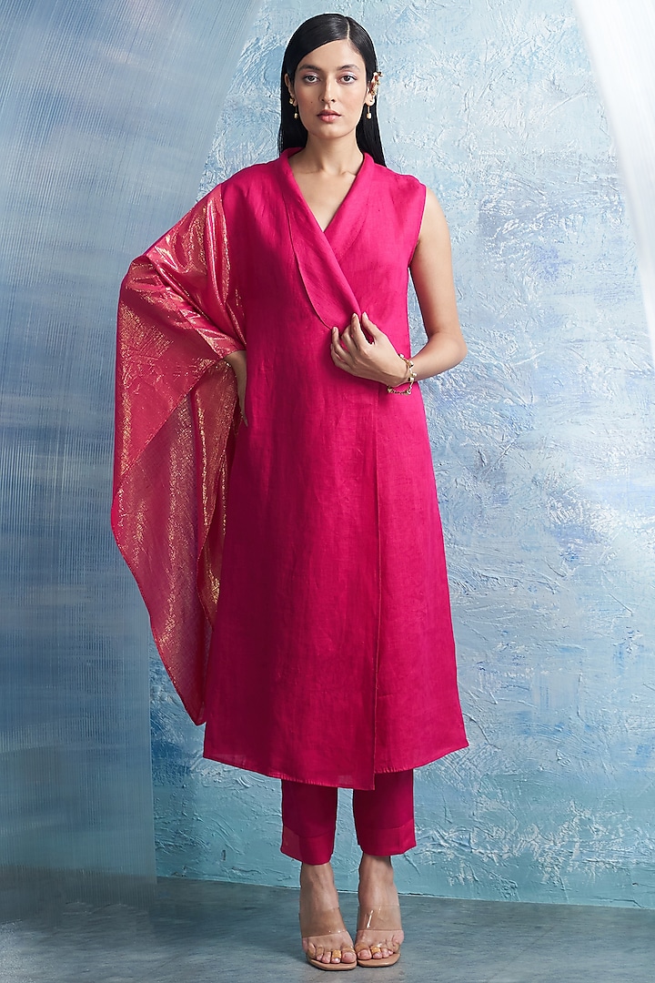 Fuchsia Pink Linen & Cotton Shimmer Wrap Kurta Set by Charkhee