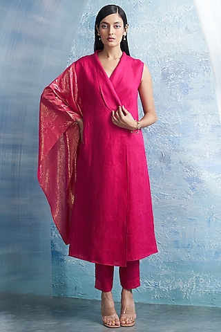 Fuchsia Pink Linen & Cotton Shimmer Wrap Kurta Set by Charkhee