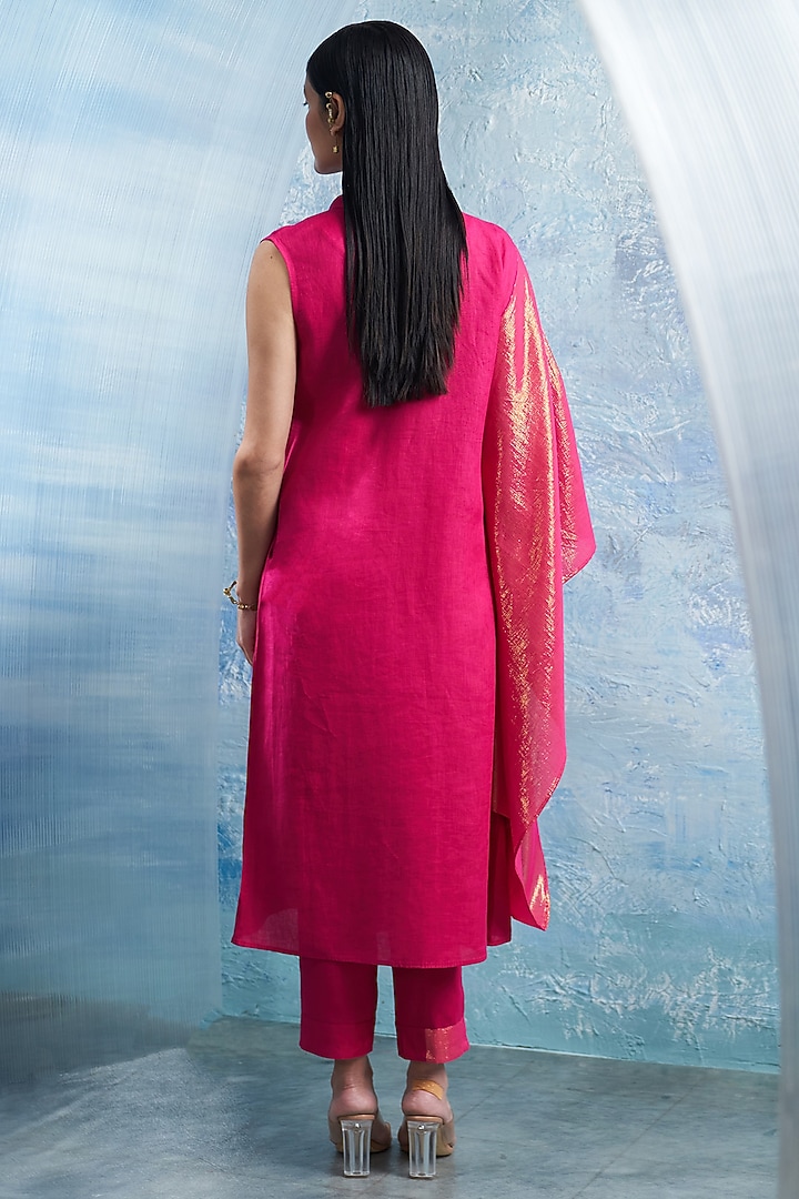 Fuchsia Pink Linen & Cotton Shimmer Wrap Kurta Set by Charkhee at Pernia's Pop Up Shop