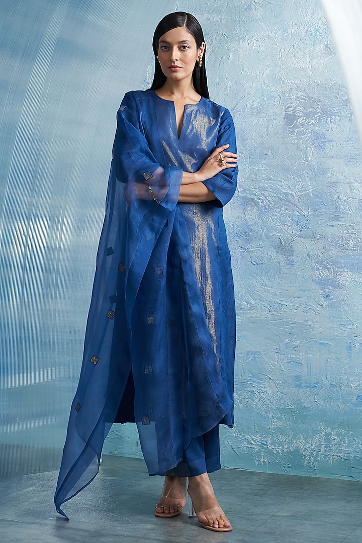 Royal Blue Linen & Cotton Shimmer A-Line Kurta Set by Charkhee