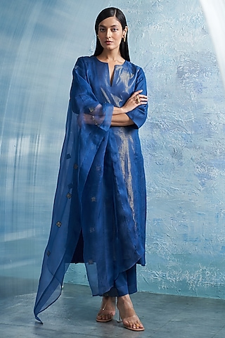 Royal Blue Linen & Cotton Shimmer A-Line Kurta Set by Charkhee