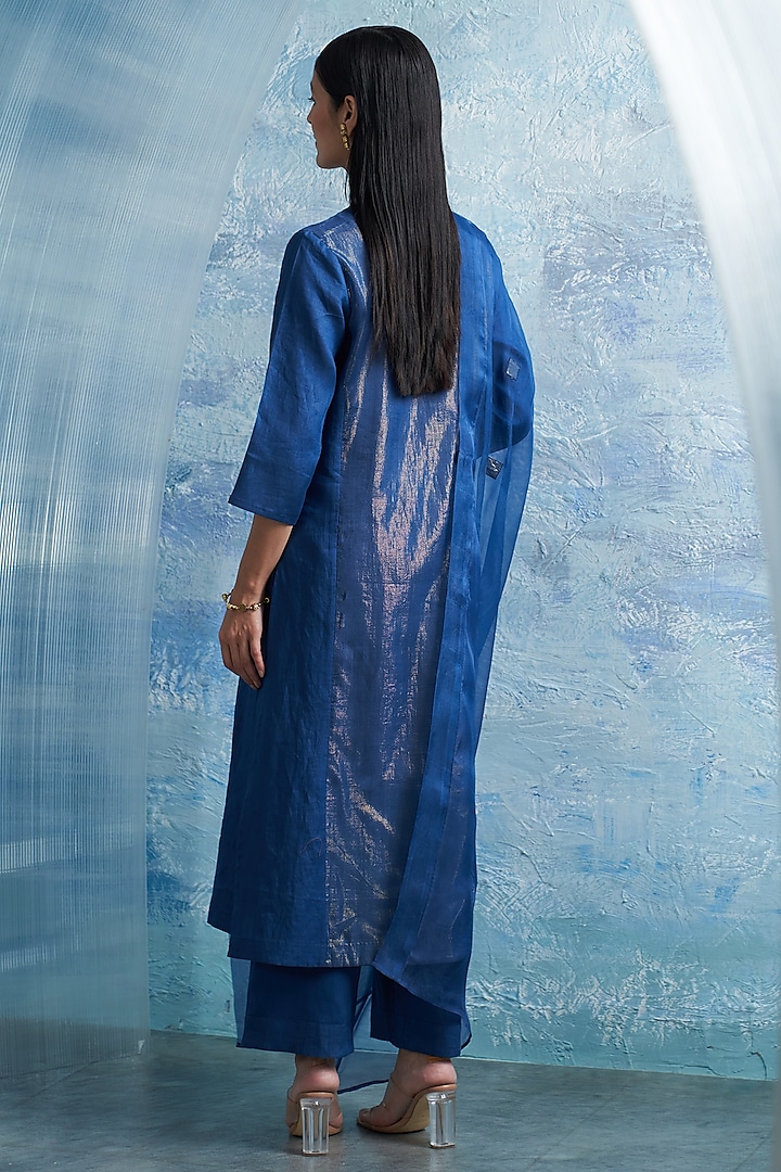 Royal Blue Linen & Cotton Shimmer A-Line Kurta Set by Charkhee at Pernia's Pop Up Shop