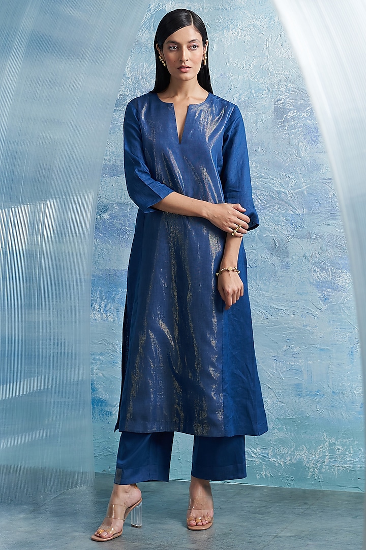 Royal Blue Linen & Cotton Shimmer A-Line Kurta Set by Charkhee at Pernia's Pop Up Shop