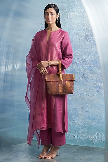 Grape Pink Linen & Cotton Shimmer A-Line Kurta Set by Charkhee at Pernia's Pop Up Shop