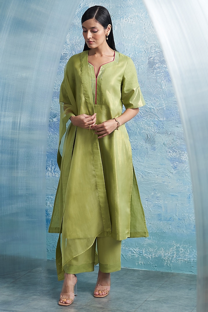 Green Linen & Cotton Shimmer A-Line Kurta Set by Charkhee