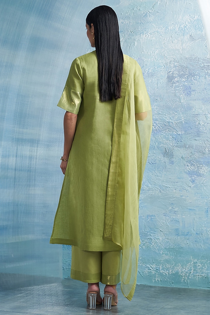 Green Linen & Cotton Shimmer A-Line Kurta Set by Charkhee at Pernia's Pop Up Shop