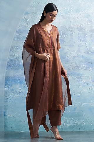 Wood Brown Linen & Cotton Shimmer A-Line Kurta Set by Charkhee