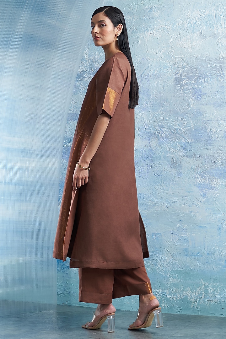 Wood Brown Linen & Cotton Shimmer A-Line Kurta Set by Charkhee at Pernia's Pop Up Shop