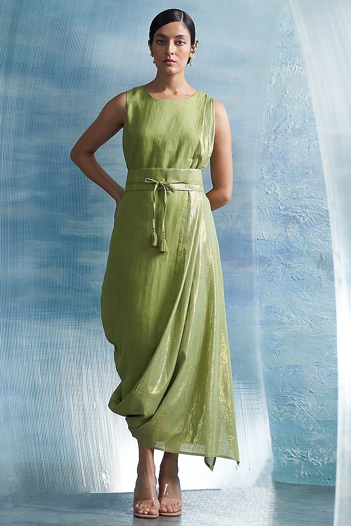 Sheen Green Linen & Cotton Shimmer Draped Dress by Charkhee