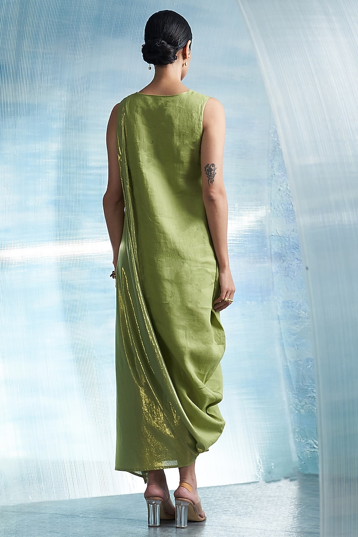 Sheen Green Linen & Cotton Shimmer Draped Vacation Dress by Charkhee at Pernia's Pop Up Shop