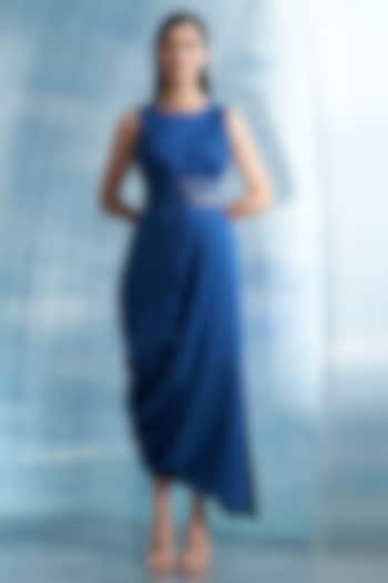 Royal Blue Linen & Cotton Shimmer Draped Dress by Charkhee