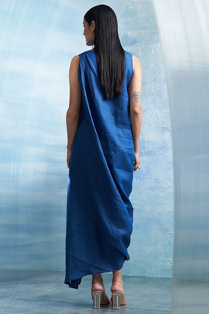 Royal Blue Linen & Cotton Shimmer Draped Vacation Dress by Charkhee at Pernia's Pop Up Shop