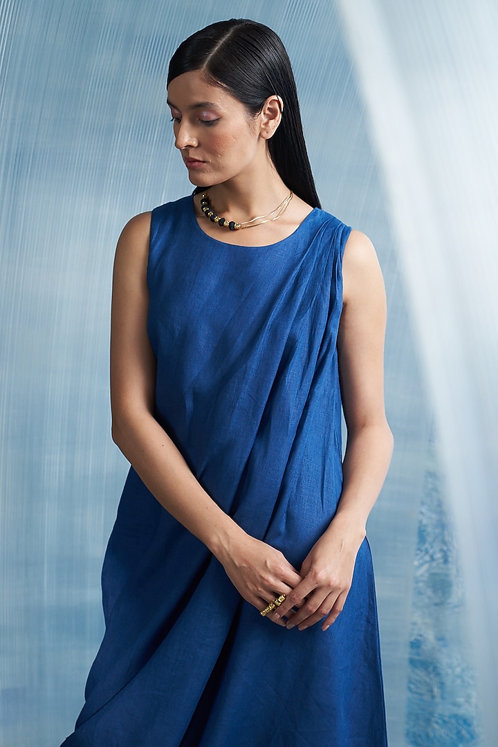 Royal Blue Linen & Cotton Shimmer Draped Vacation Dress by Charkhee at Pernia's Pop Up Shop