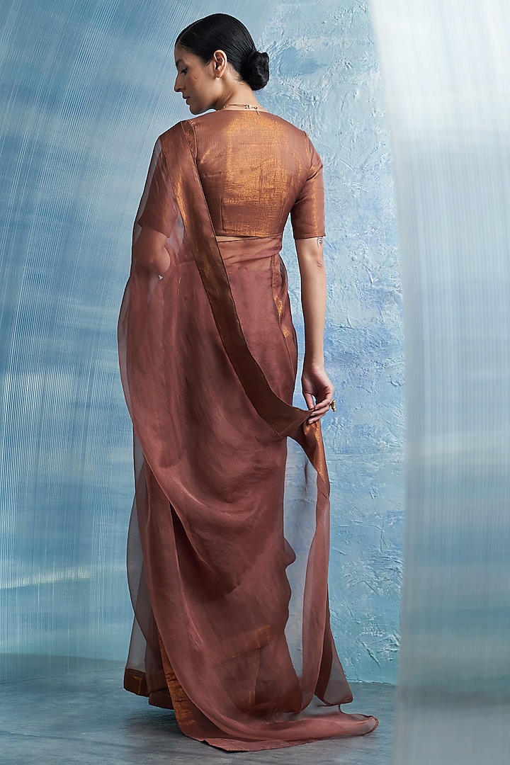 Wood Brown Organza & Cotton Shimmer Party Wear Saree Set by Charkhee at Pernia's Pop Up Shop
