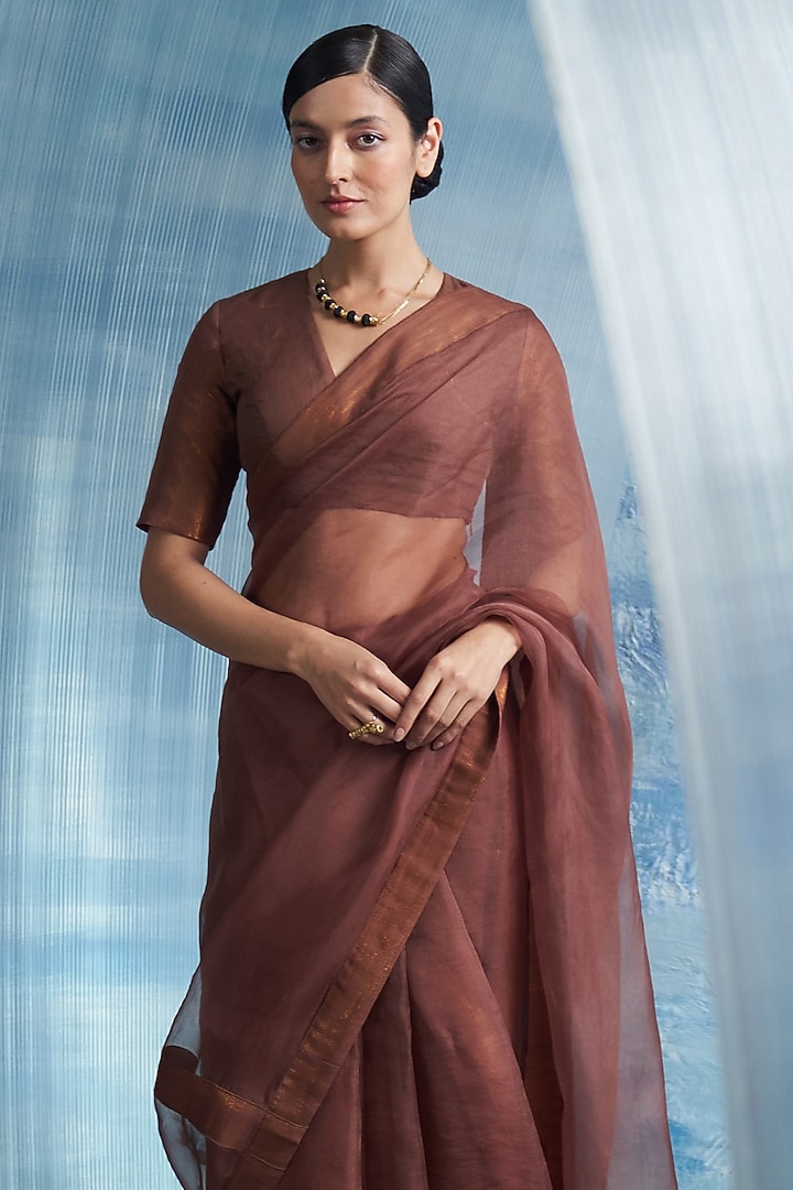 Wood Brown Organza & Cotton Shimmer Party Wear Saree Set by Charkhee at Pernia's Pop Up Shop
