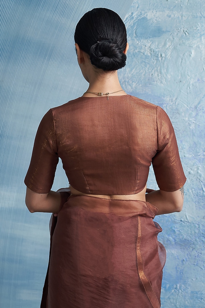 Wood Brown Organza & Cotton Shimmer Party Wear Saree Set by Charkhee at Pernia's Pop Up Shop