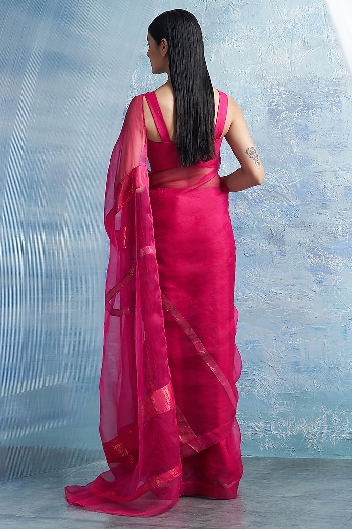 Fuchsia Pink Organza & Cotton Shimmer Party Wear Saree Set by Charkhee at Pernia's Pop Up Shop
