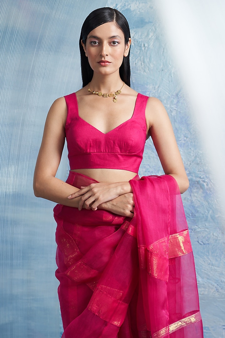 Fuchsia Pink Organza & Cotton Shimmer Party Wear Saree Set by Charkhee at Pernia's Pop Up Shop
