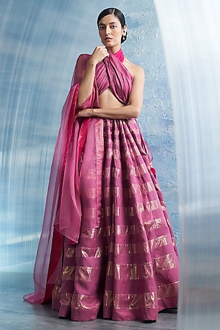Grape Pink Linen & Cotton Shimmer Lehenga Set by Charkhee