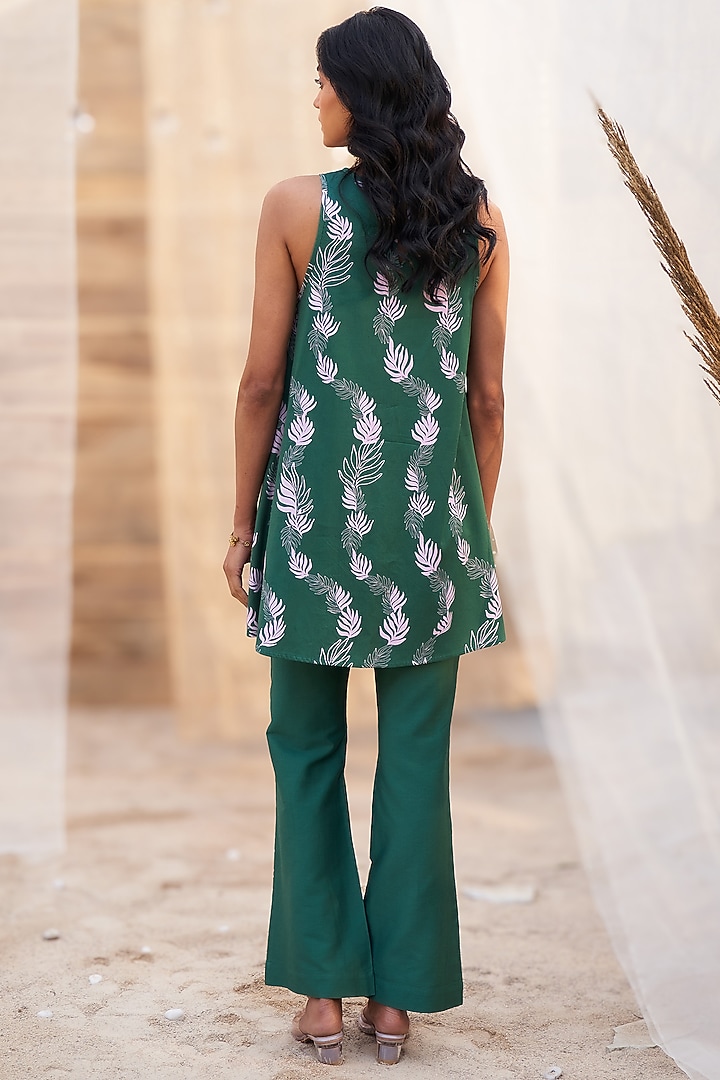 Green Cotton Satin Leaf Printed Co-Ord Set by Charkhee at Pernia's Pop Up Shop