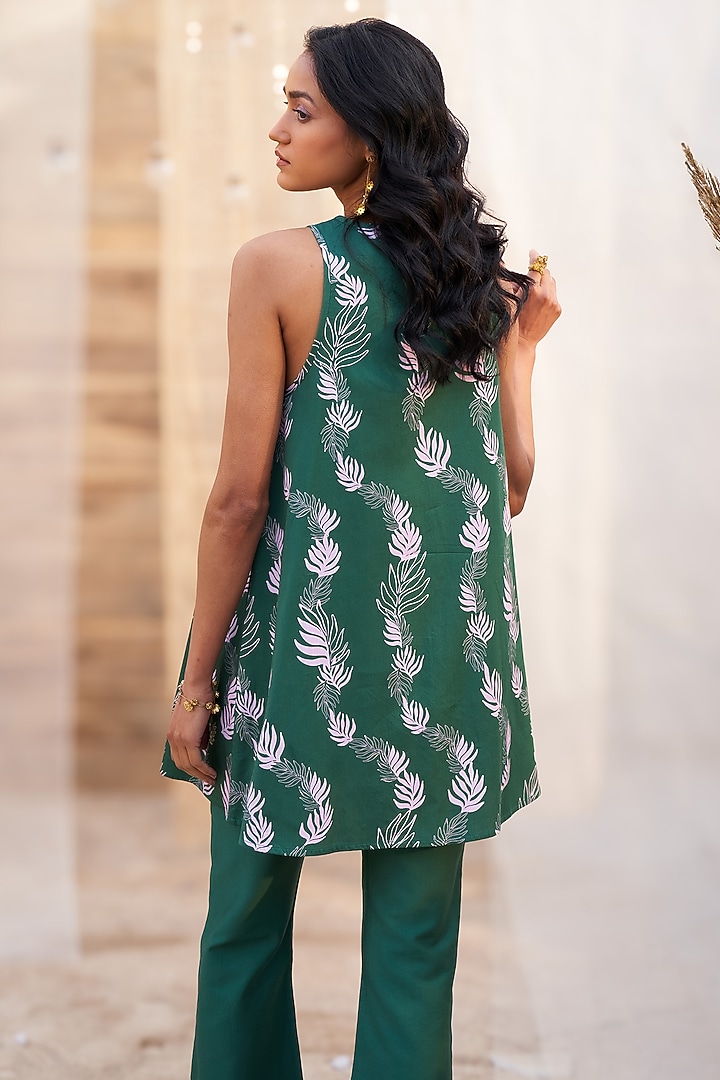 Green Cotton Satin Leaf Printed Co-Ord Set by Charkhee at Pernia's Pop Up Shop
